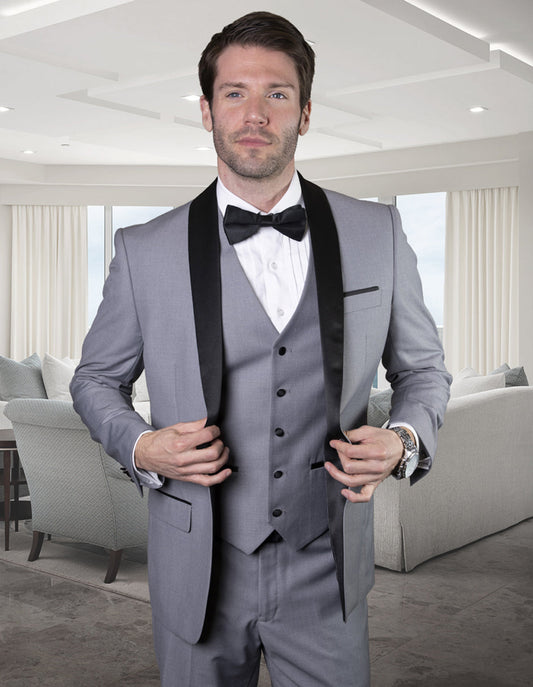 Mens Wool One Button Modern Fit Vested Shawl Tuxedo in Grey & Black - Men's Tuxedo USA