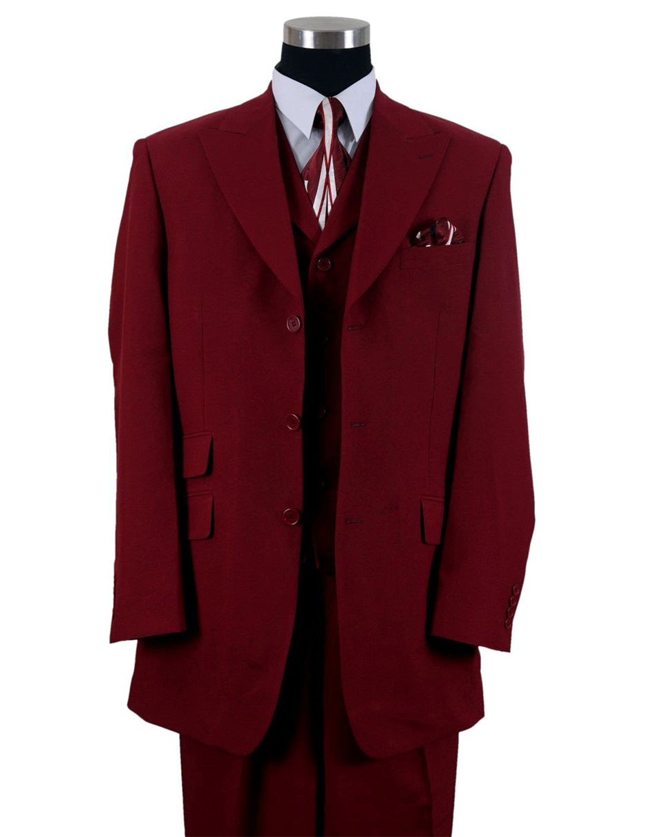 Mens 3 Button Peak Lapel Fashion Suit in Burgundy - Men's Tuxedo USA