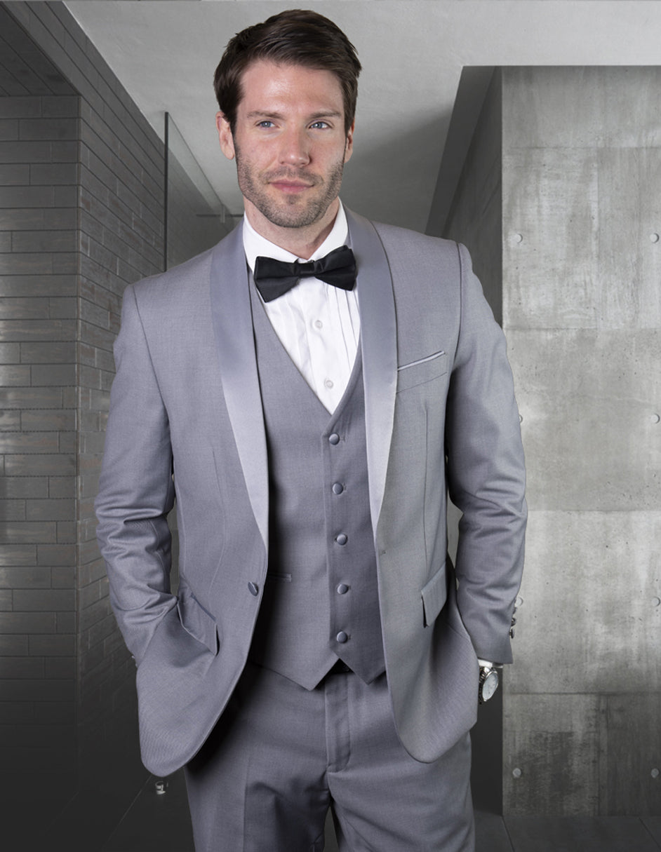 Mens Wool One Button Modern Fit Vested Shawl Tuxedo in Grey - Men's Tuxedo USA