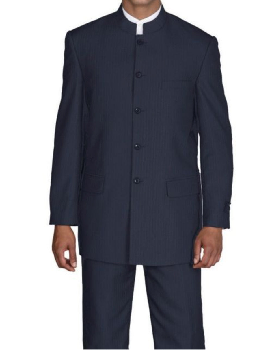 Mens 5 Button Mandarin Collar Suit in Navy Pinstripe - Men's Tuxedo USA