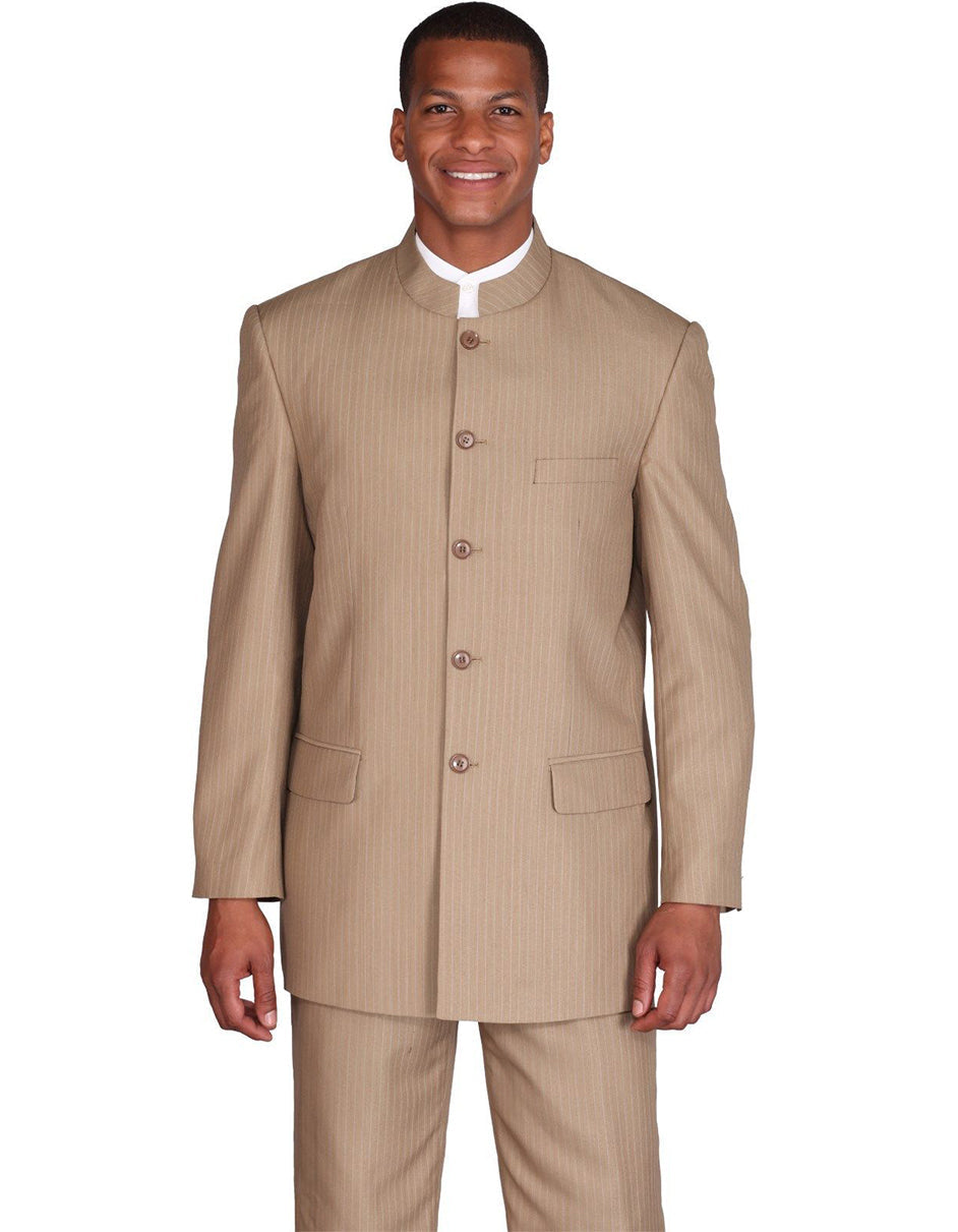 Mens 5 Button Mandarin Collar Suit in Tan Pinstripe - Men's Tuxedo USA