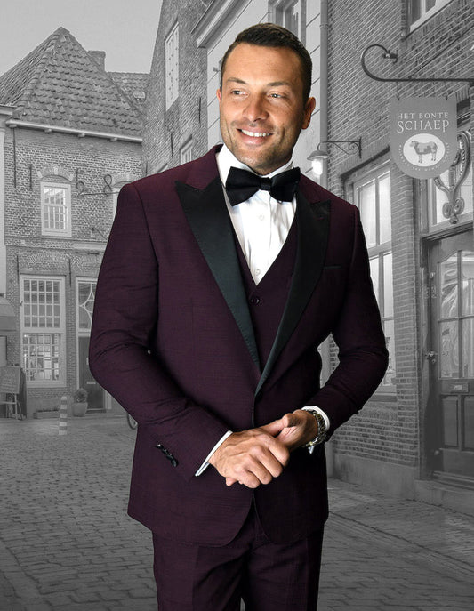 Mens Vested Wide Peak Lapel Prom Tuxedo in Burgundy - Men's Tuxedo USA