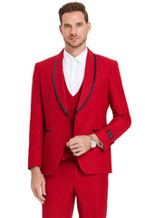 Men's One Button Vested Shawl Tuxedo In Red Birdseye With Black Satin Trim - Men's Tuxedo USA