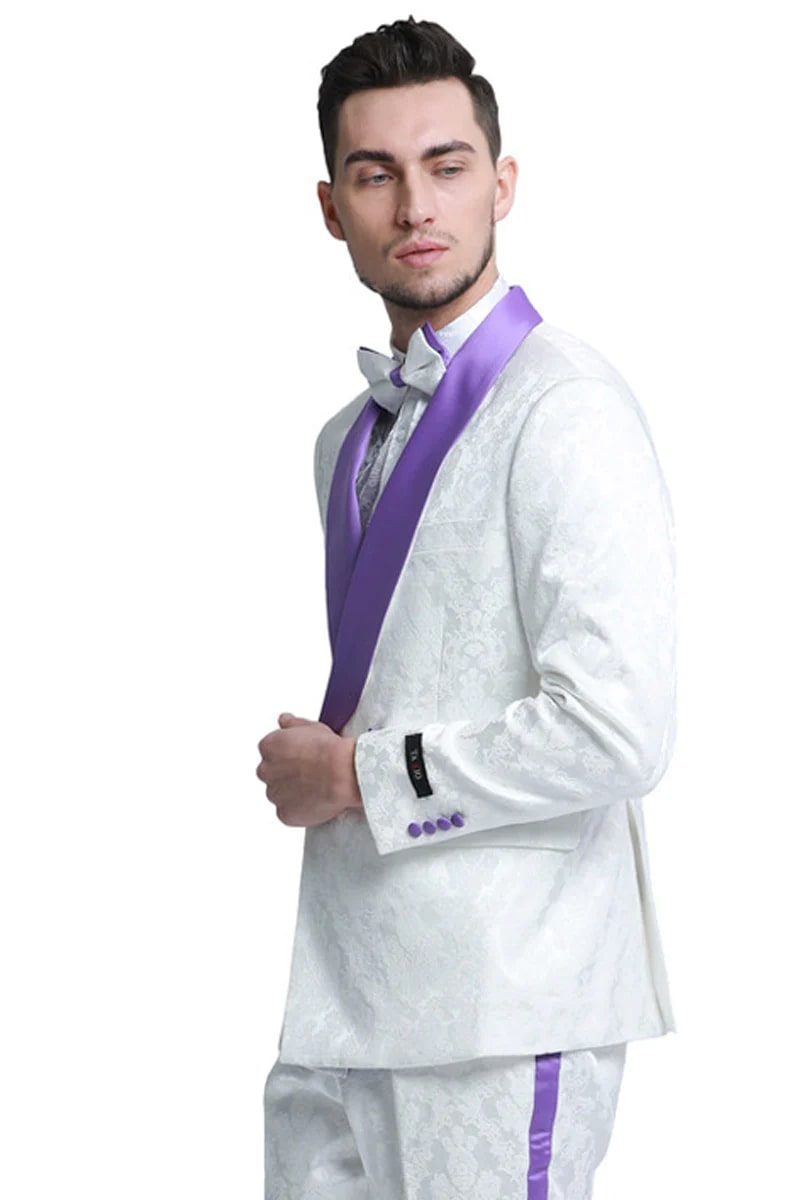 Men's Slim Fit Double Breasted Paisley Smoking Jacket Prom & Wedding Tuxedo in White & Purple - Men's Tuxedo USA