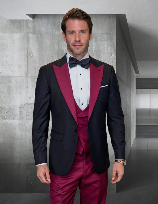 Statement Men's  Black Vested With  Burgundy Peak Lapel 100% Wool Tuxedo - Men's Tuxedo USA