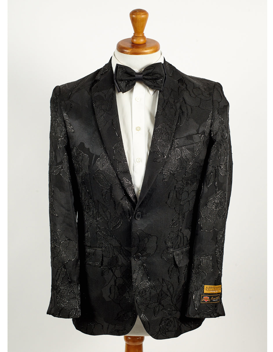 Mens 2 Button Shiny Black on Black Floral Paisley Prom & Wedding Blazer - Men's Tuxedo USA