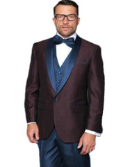 Alberto Nardoni Burgundy ~ Plum And Dark Navy Blue Lapel Burgundy Suit Tuxedo Vested 3 Piece Suit Wedding / Prom / Party Suit - Men's Tuxedo USA