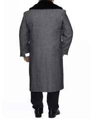 Removable Fur Collar Full Length Wool Dress Ankle length Overcoat In Grey Herringbone - Men's Tuxedo USA