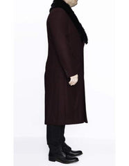 Removable Fur Collar Full Length Wool Dress Ankle length Top Coat/Overcoat Burgundy - Men's Tuxedo USA