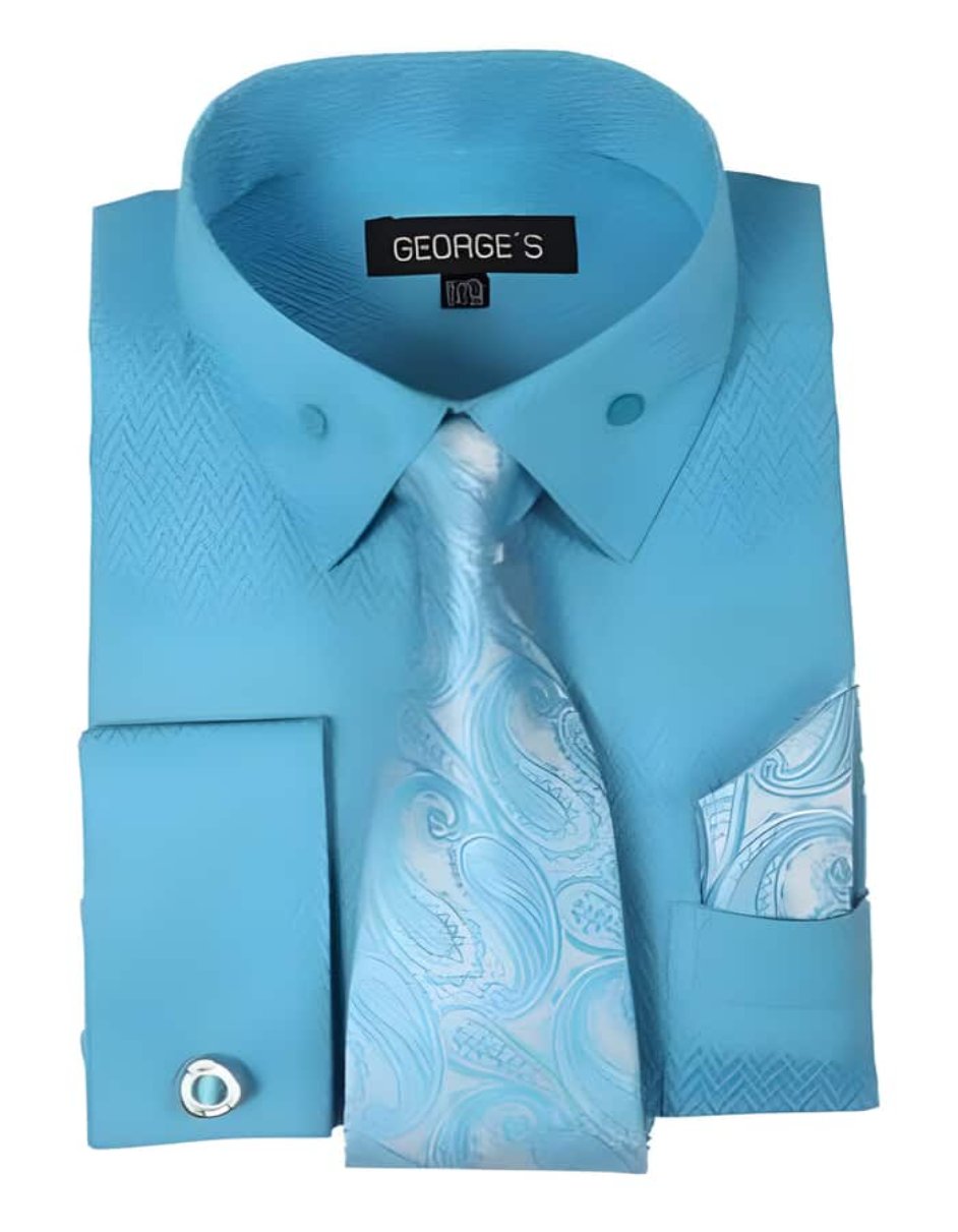 Fashion Dress Cheap Fashion Clearance Shirt Sale Online For Men Combo with Ties and Handkerchiefs Aqua Mens Turquoise Dress Shirt, Dark color black - Men's Tuxedo USA