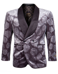 Mens Gray Tuxedo - Grey Wedding Suit-Mens  Double Brested  Floral Rose Print Velvet Smokin Jacket In Grey - Men's Tuxedo USA