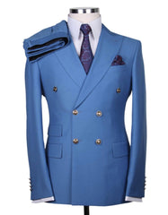 Mens Designer Modern Fit Double Breasted Wool Suit with Gold Buttons in Sky Blue - Men's Tuxedo USA