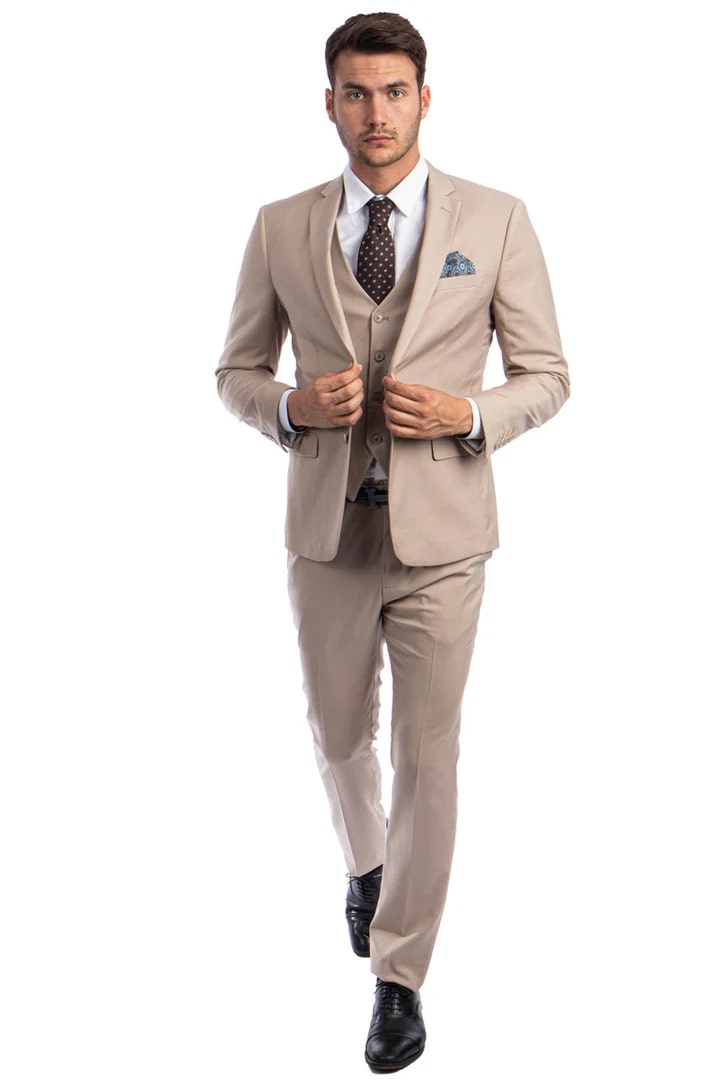 Men's Two Button Slim Fit Vested Solid Basic Color Suit in Medium Tan - Men's Tuxedo USA