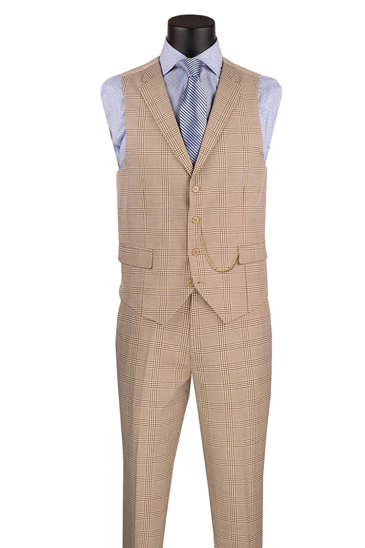 Tan Suits For Wedding - Tan Groomsmen Suits - Tan Plaid  Tuxedo - Men's Tuxedo USA