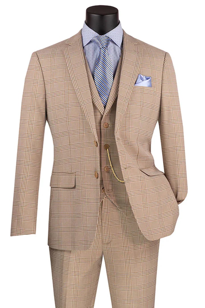 Tan Suits For Wedding - Tan Groomsmen Suits - Tan Plaid  Tuxedo - Men's Tuxedo USA