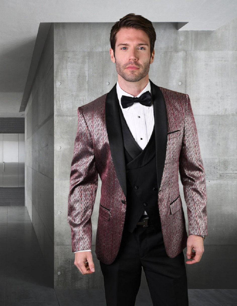 Mens Vested One Button Shawl Lapel Herringbone Tuxedo in Burgundy - Men's Tuxedo USA