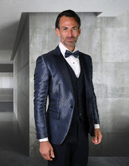 Mens Vested Peak Lapel Shiny Pattern Tuxedo in Navy - Men's Tuxedo USA