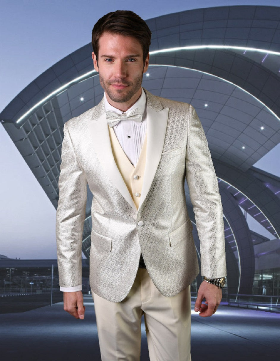 Mens Vested Peak Lapel Shiny Pattern Tuxedo in Ivory - Men's Tuxedo USA