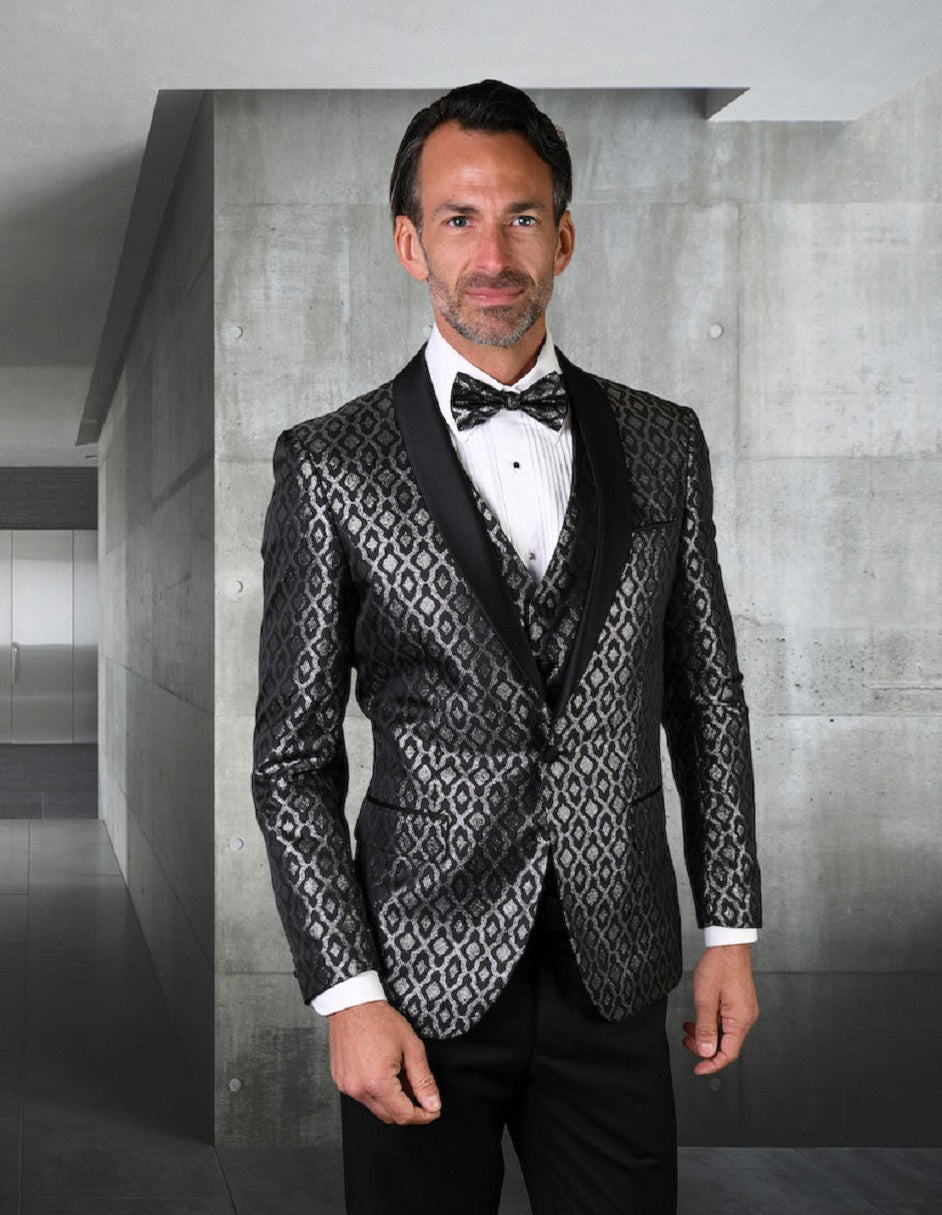 Mens Vested Shiny Diamond Print Tuxedo in Black - Men's Tuxedo USA