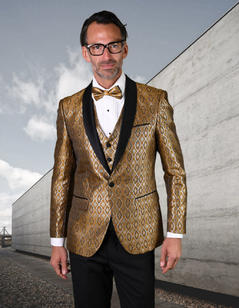 Mens Vested Shiny Diamond Print Tuxedo in Gold - Men's Tuxedo USA