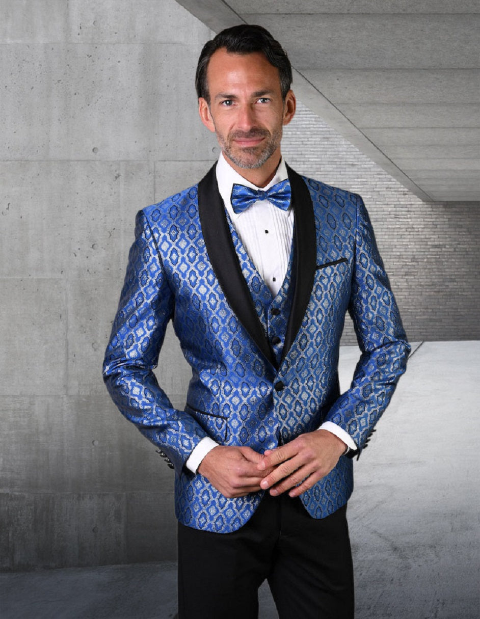 Mens Vested Shiny Diamond Print Tuxedo in Royal Blue - Men's Tuxedo USA