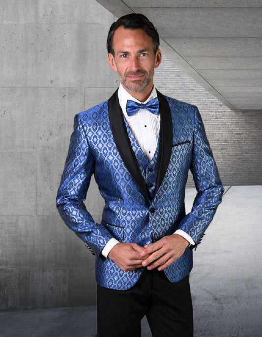 Mens Vested Shiny Diamond Print Tuxedo in Royal Blue - Men's Tuxedo USA