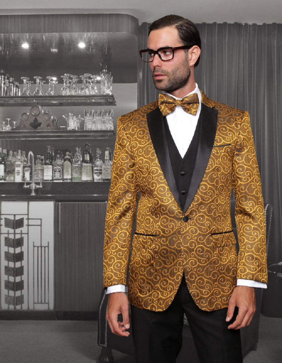 Mens Vested Swirl Patter Notch Lapel Tuxedo in Gold - Men's Tuxedo USA