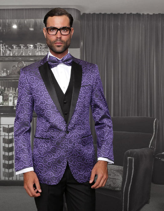 Mens Vested Swirl Patter Notch Lapel Tuxedo in Purple - Men's Tuxedo USA