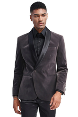 Mens Gray Tuxedo - Grey Wedding Suit-Mens Slim Fit Double Brested Velvet Smokin Jacket In Grey - Men's Tuxedo USA