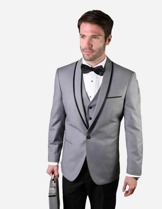 Statement Men's Grey with Black Lapel Vested 100% Wool Tuxedo - Men's Tuxedo USA