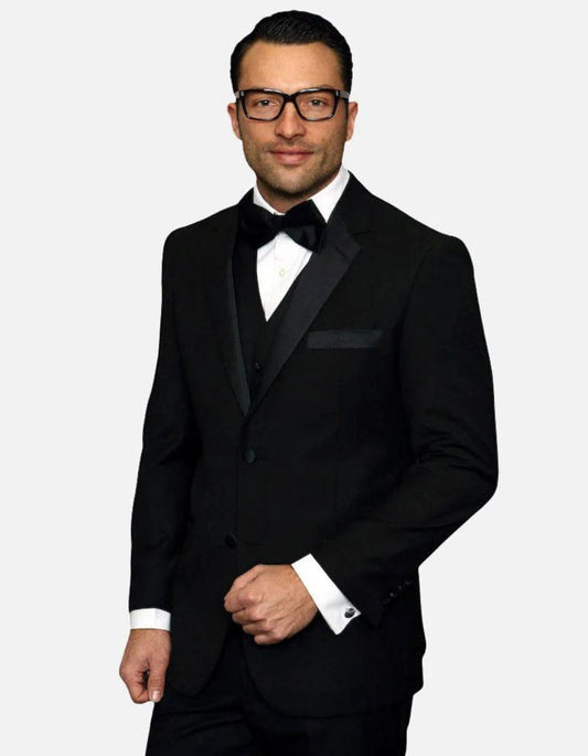 Statement Men's Black with Black Lapel Vest 100% Wool Tuxedo - Men's Tuxedo USA