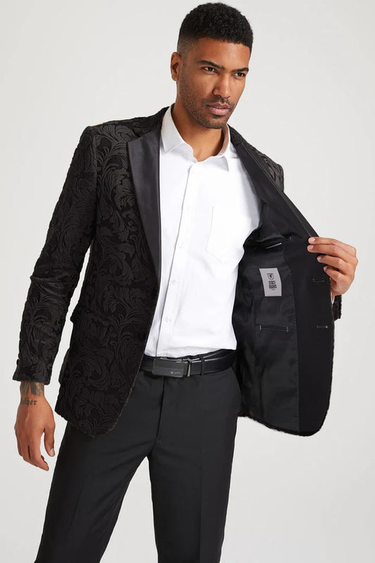 Mens Blazer - Cheap Priced Mens Sport Coat - Men's Stacy Adam's Paisley Velvet Prom & Wedding Tuxedo Jacket In Black - Men's Tuxedo USA