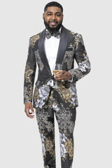 Mens Blazer - Cheap Priced Mens Sport Coat - Mens Slim Fit Two Piece Black & Gold Paisley Prom Smoking Jacket Tuxedo With Black Trim - Men's Tuxedo USA