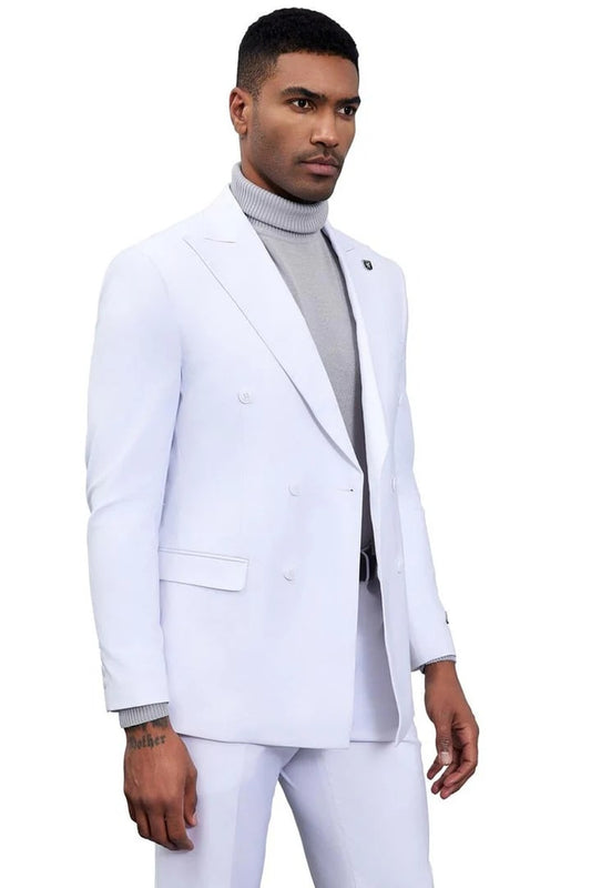 White Wedding Suit For Men - Perfect For Groom - Men's Designer Stacy Adams Classic Double Breasted Suit In White - Men's Tuxedo USA