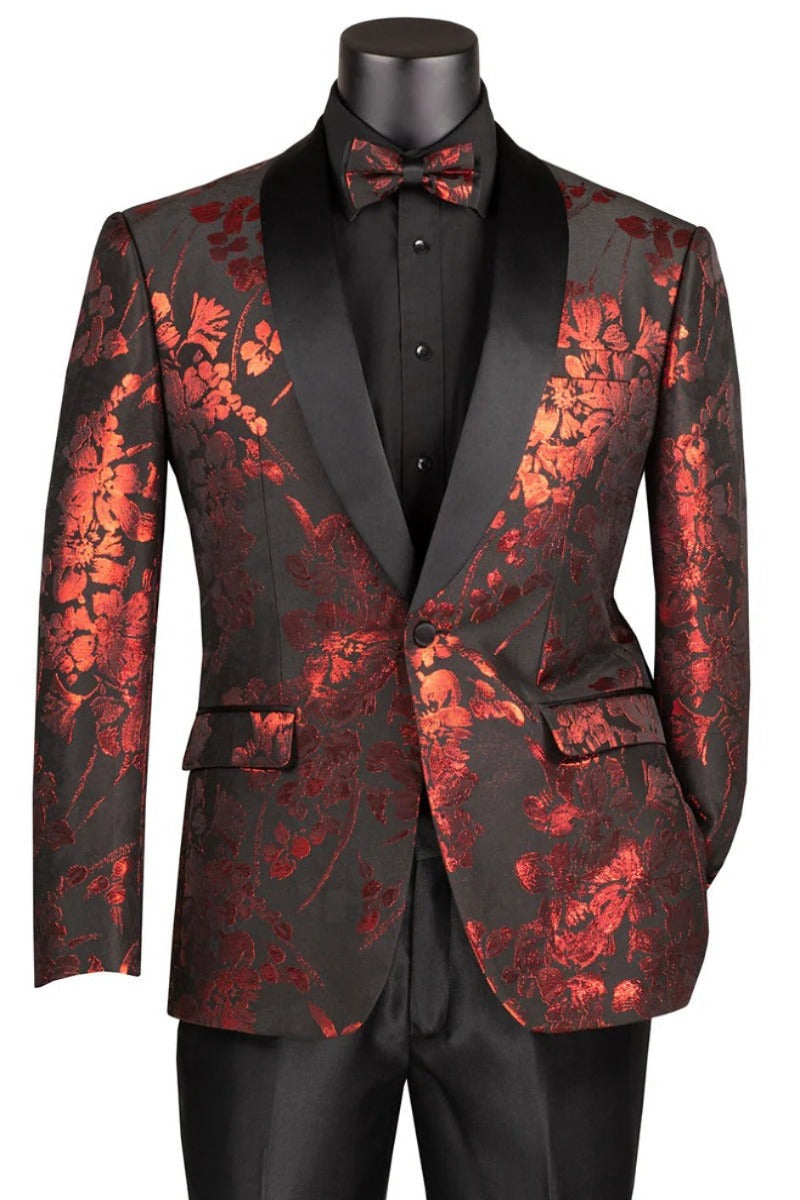 Men's Shiny Foil Floral Paisely Prom & Wedding Tuxedo Jacket In Red - Men's Tuxedo USA