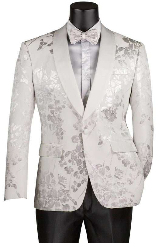 All White Mens Tuxedo -  Wedding Suit - Men's Shiny Foil Floral Paisley Prom & Wedding Tuxedo Jacket In White - Men's Tuxedo USA