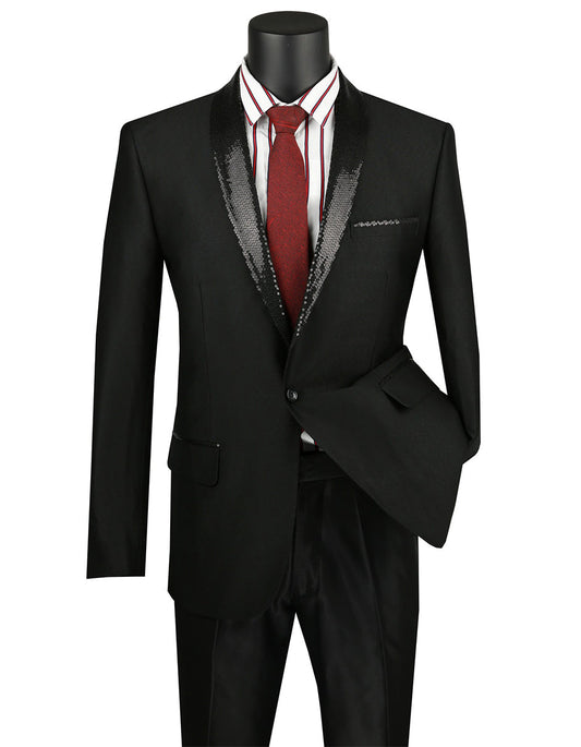 Mens 1 button Dinner Jacket with Sequin Shawl Lapel in Black - Men's Tuxedo USA