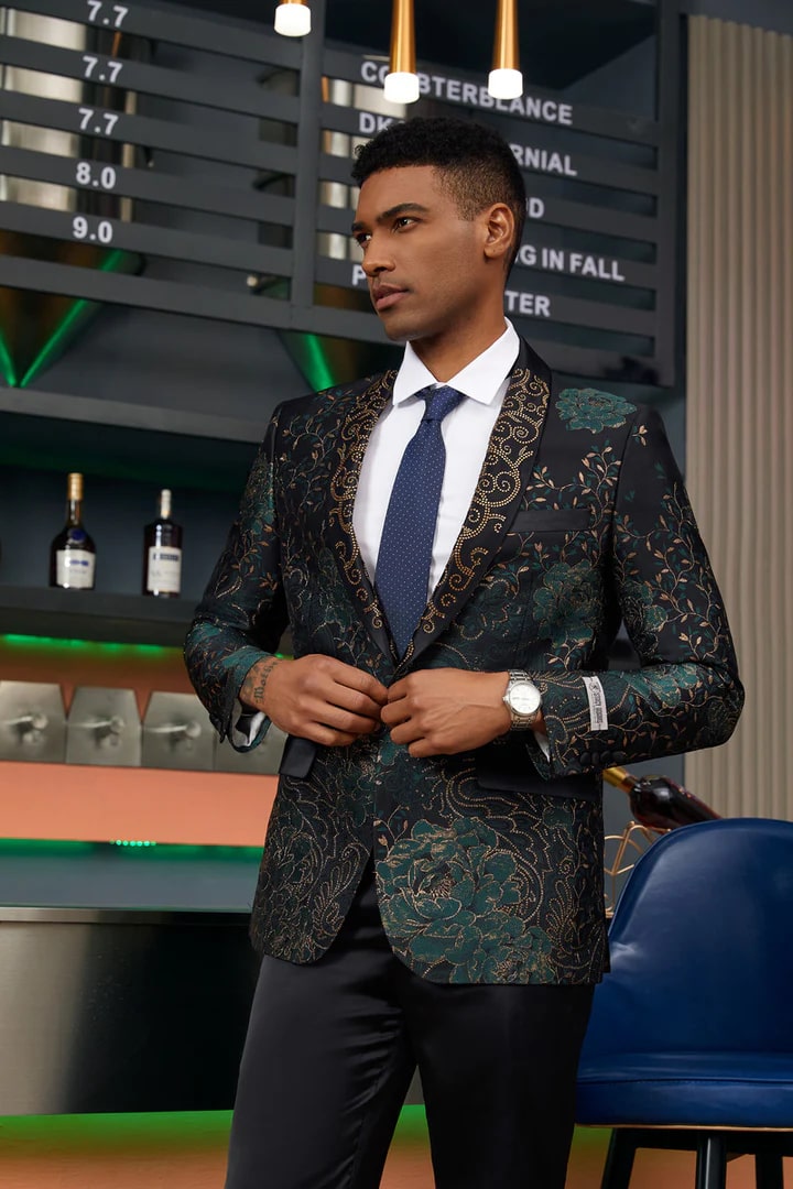 Mens Blazer - Cheap Priced Mens Sport Coat - Men's Stacy Adam's Designer Prom & Wedding Tuxedo Jacket In Green & Gold Floral Paisley - Men's Tuxedo USA