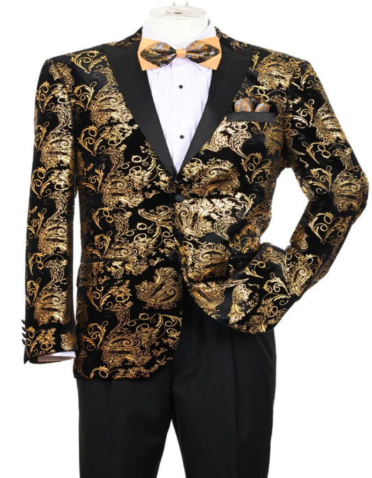 Mens Blazer - Cheap Priced Mens Sport Coat - Men's Modern Fit Velvet Floral Paisley Foil Tuxedo Jacket In Gold & Black - Men's Tuxedo USA