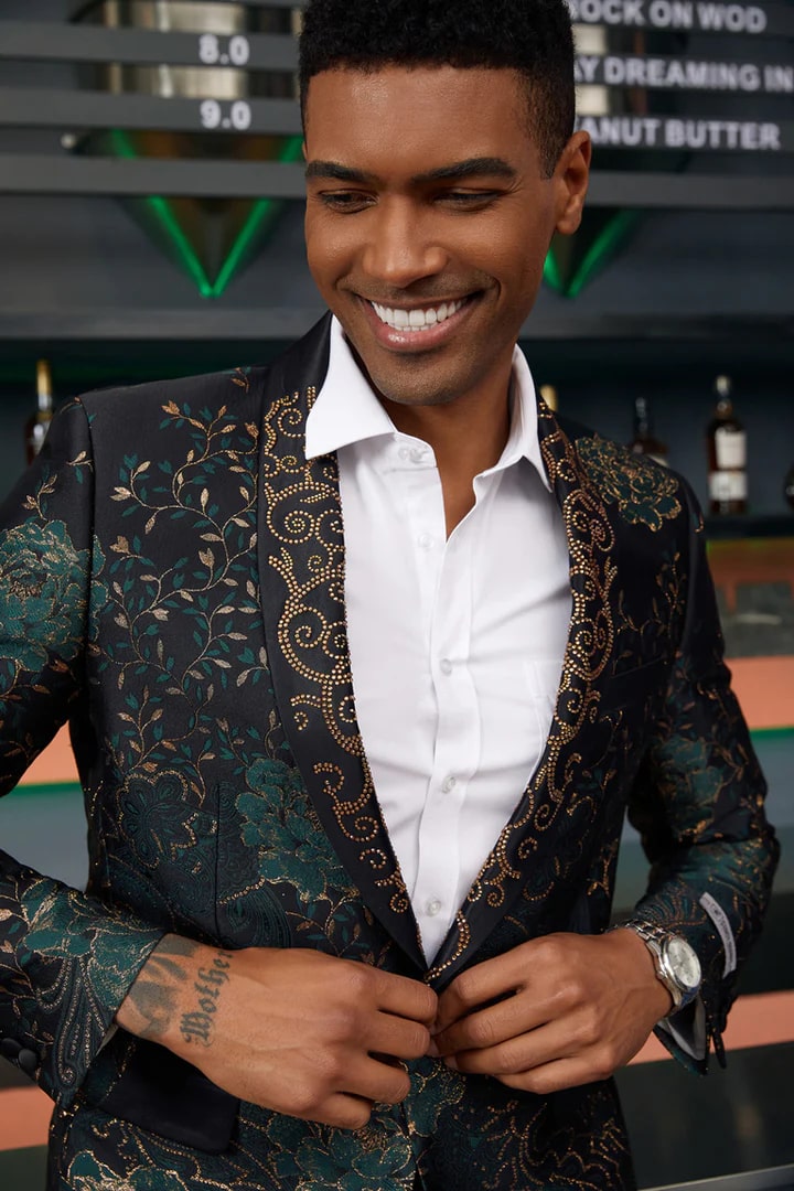 Mens Blazer - Cheap Priced Mens Sport Coat - Men's Stacy Adam's Designer Prom & Wedding Tuxedo Jacket In Green & Gold Floral Paisley - Men's Tuxedo USA