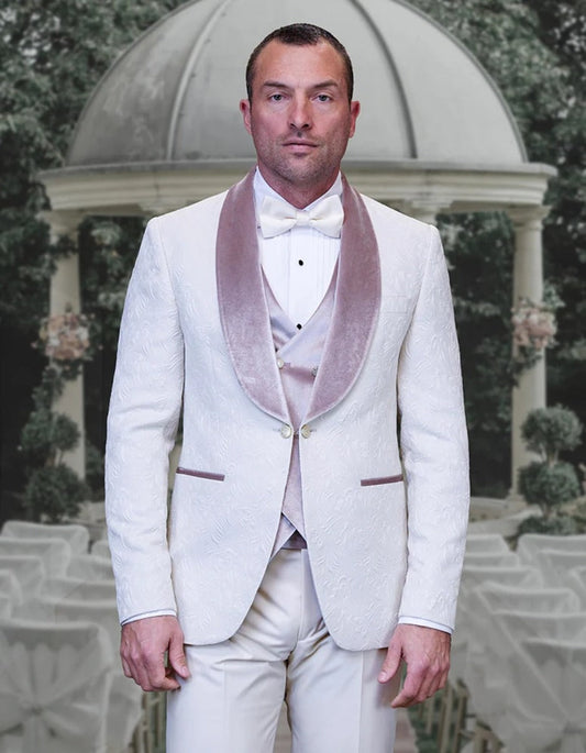 Statement Men's Ivory Velvet Shawl Lapel Tuxedo with Velvet Vest - Men's Tuxedo USA