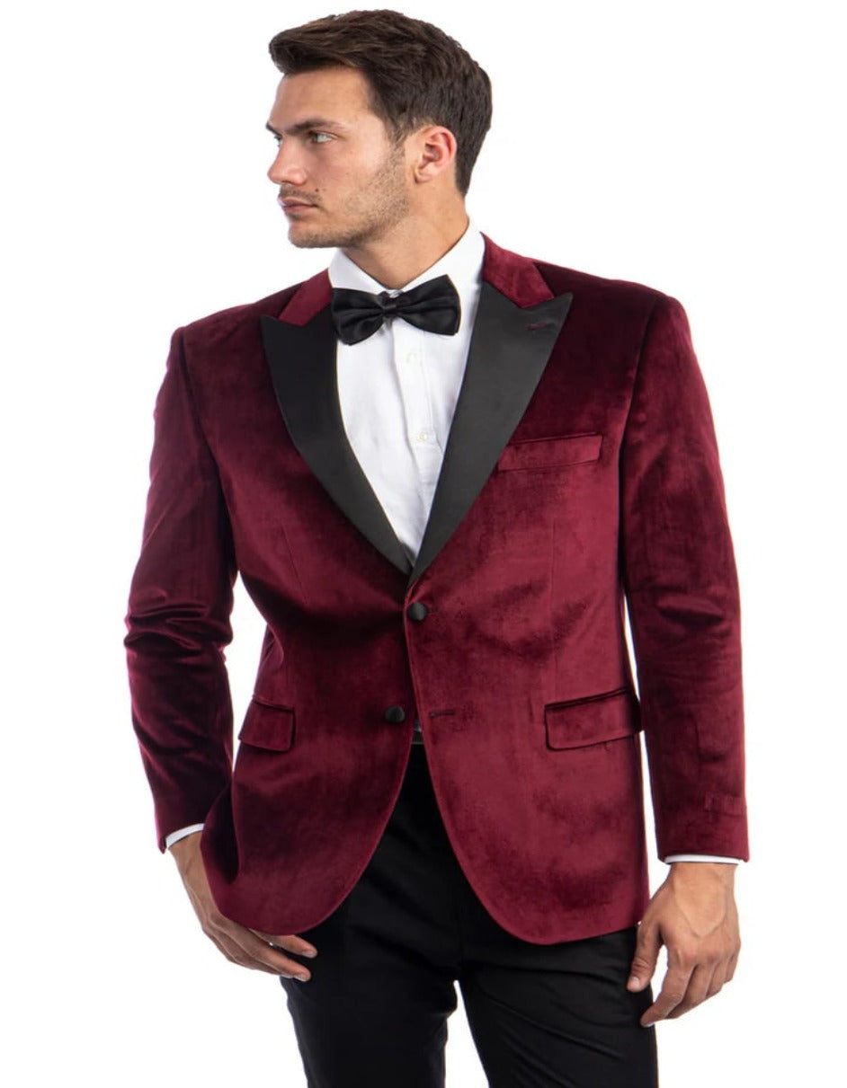 Mens Blazer - Cheap Priced Mens Sport Coat - Men's Two Button Peak Lapel Velvet Wedding & Prom Tuxedo Jacket In Burgundy - Men's Tuxedo USA