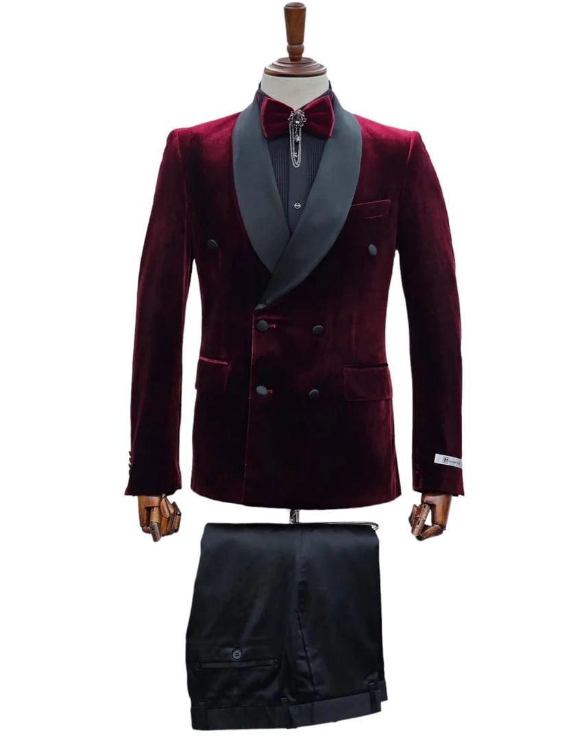 Double Breasted Tuxedo Suit  - Slim fitted - Burgundy Suit - Shawl Collar - Men's Tuxedo USA