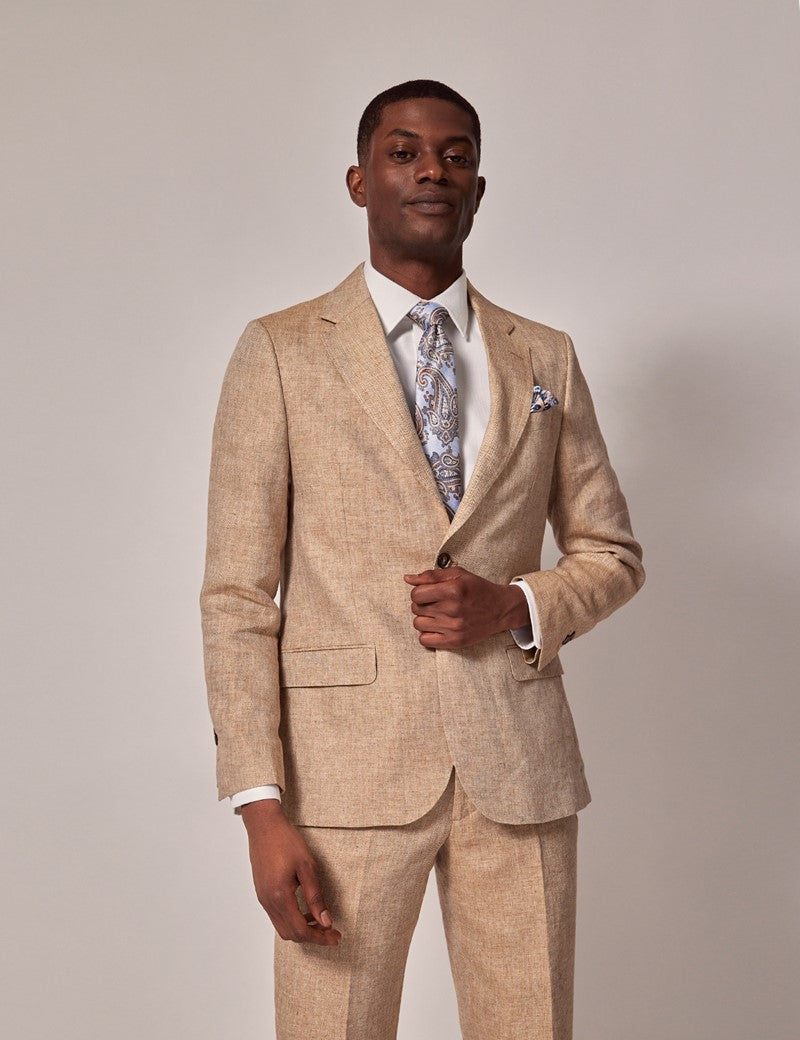 Mens Linen Suit For Beach Wedding - Summer  Suit in Beige Herringbone - Men's Tuxedo USA