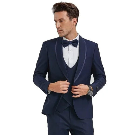 New Tazio Birdseye Textured Blue Tuxedo | Shawl Collar Satin Trim 3-Piece - Men's Tuxedo USA