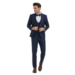 New Tazio Birdseye Textured Blue Tuxedo | Shawl Collar Satin Trim 3-Piece - Men's Tuxedo USA