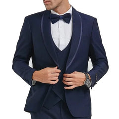 New Tazio Birdseye Textured Blue Tuxedo | Shawl Collar Satin Trim 3-Piece - Men's Tuxedo USA