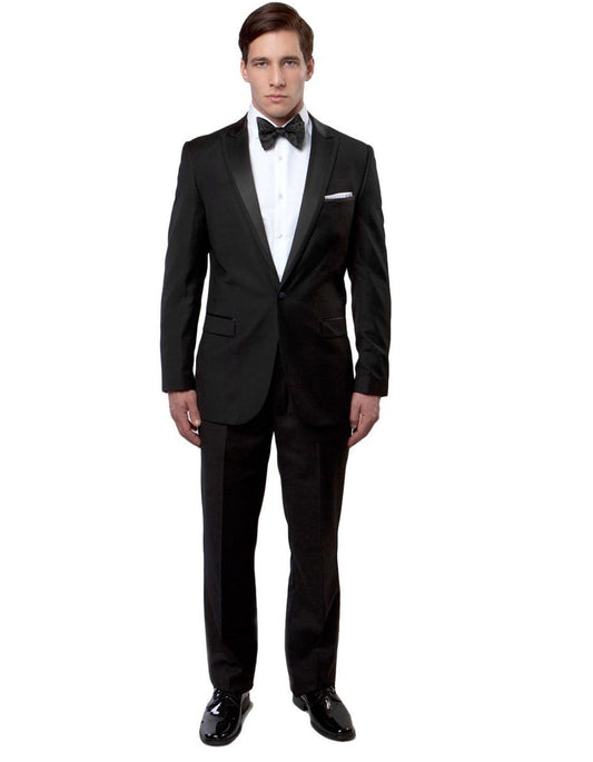 Mens Modern Fit 1 Button Peak Trim Wool Tuxedo in Black - Men's Tuxedo USA