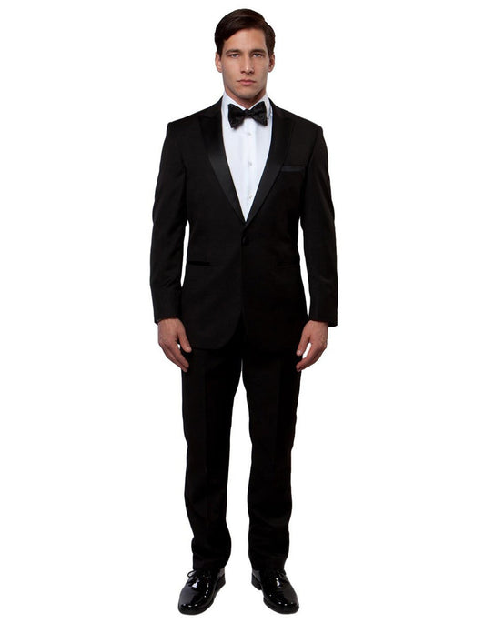 Mens Modern Fit 1 Button Peak Wool Tuxedo in Black - Men's Tuxedo USA