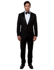 Mens Modern Fit 1 Button Peak Wool Tuxedo in Black - Men's Tuxedo USA